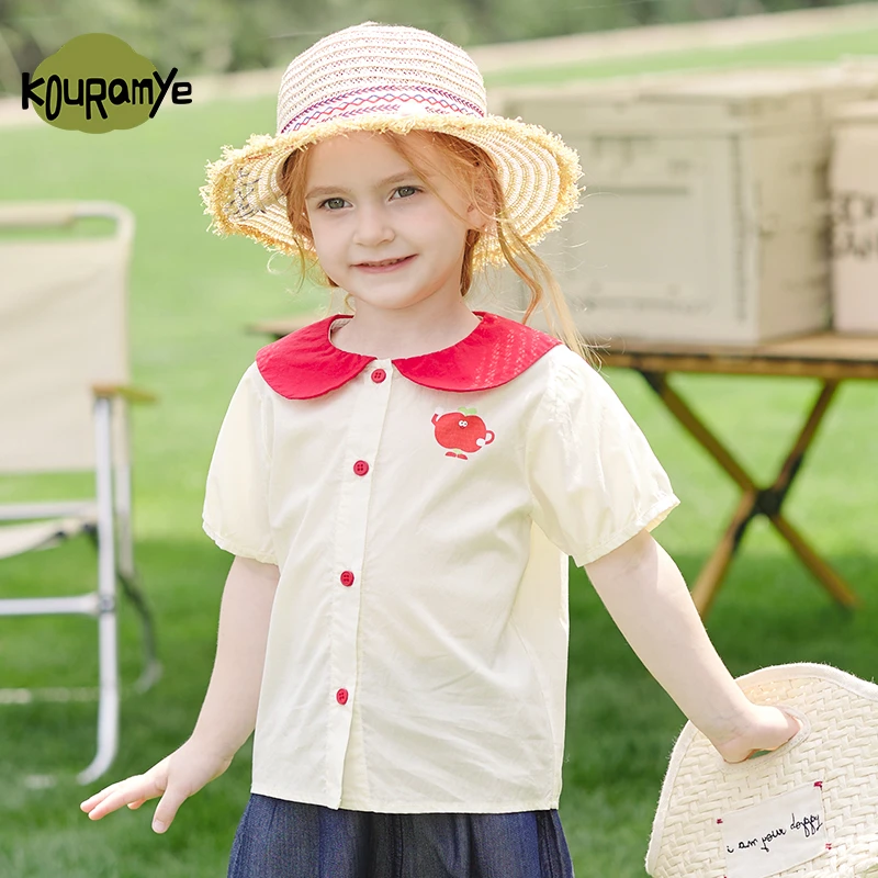 酷娃米2025年夏季新款中小女童可爱苹果造型翻领衬衫20863