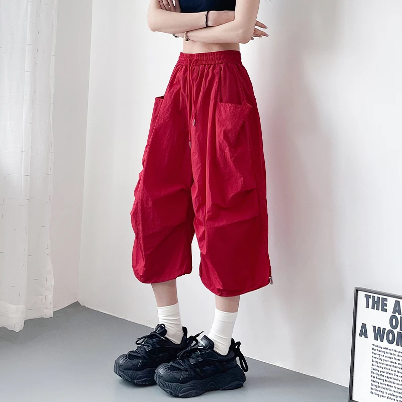 大码宽松胖mm夏季七分阔腿裤女冰丝防晒速干跳舞运动轻薄工装短裤