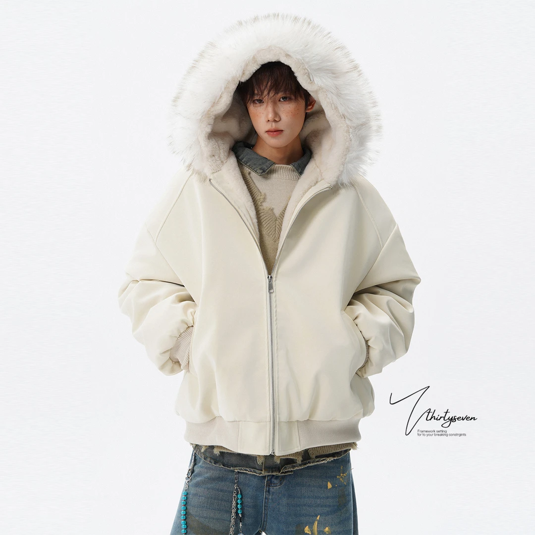 V37美式重磅加绒加厚毛领皮棉服男冬潮牌氛围感保暖连帽棉衣外套