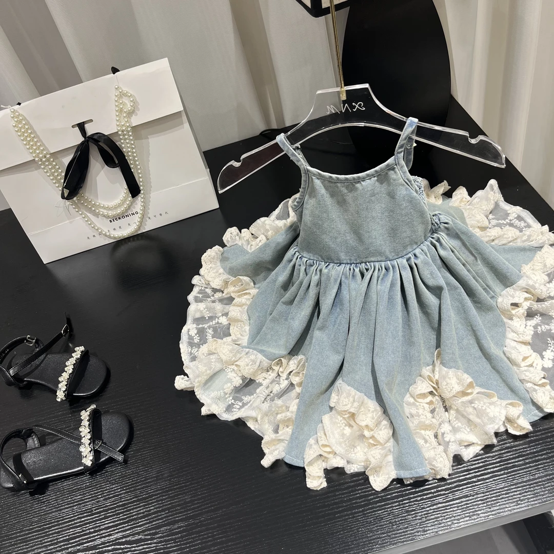【3】夏季新款女童复古牛仔蕾丝拼接连衣裙