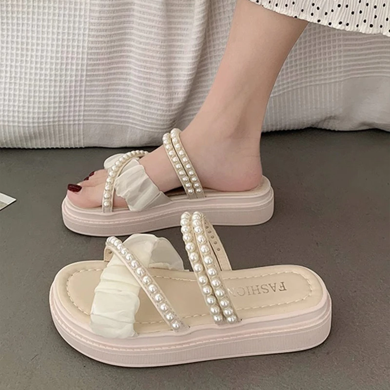 网红拖鞋外穿夏季女2024年新款珍珠仙女风两穿厚底小香风沙滩凉鞋