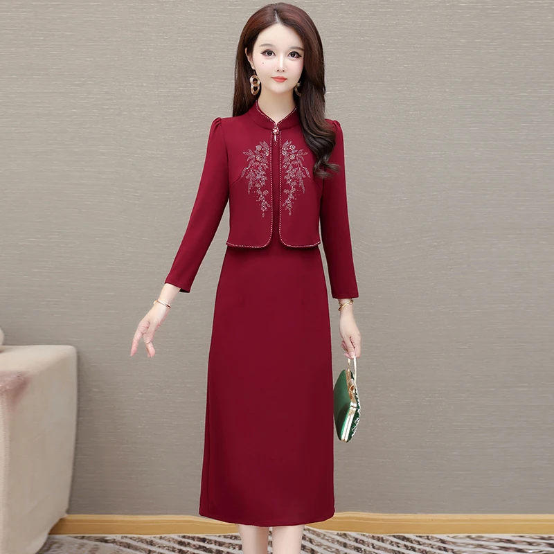 连衣裙裙子旗袍礼服春秋气质长袖洋气显瘦时尚红色中长款修身秋冬