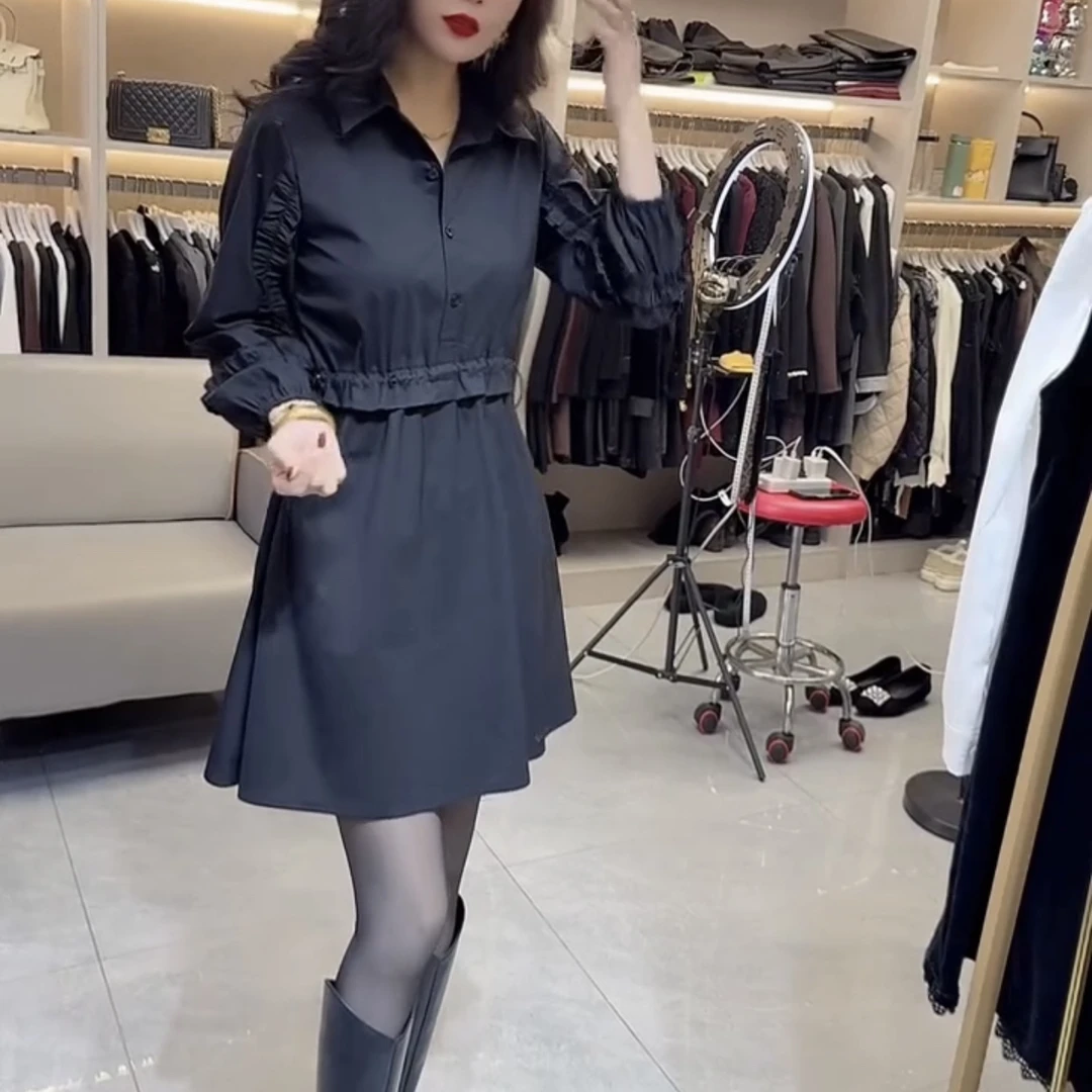 秋冬韩版气质显瘦木耳边半开领中长款长袖衬衫连衣裙女