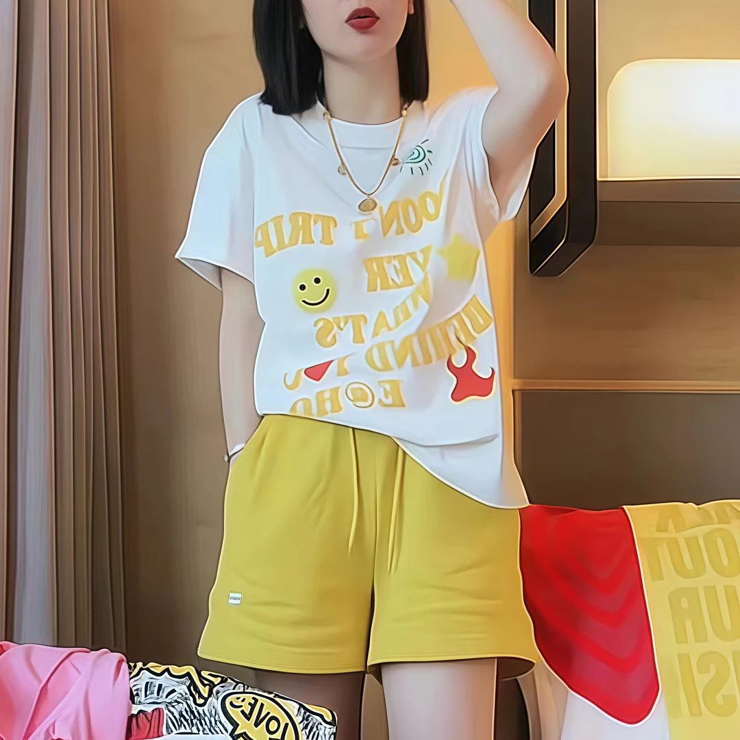 纯棉一整套通勤风气质减龄设计感短袖T恤女新款百搭短裤休闲套装