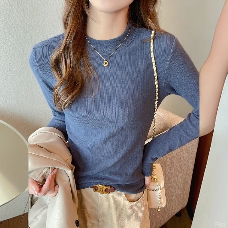 螺纹秋冬季长袖打底衫女德绒高级感t恤显瘦可外穿小立领上衣内搭