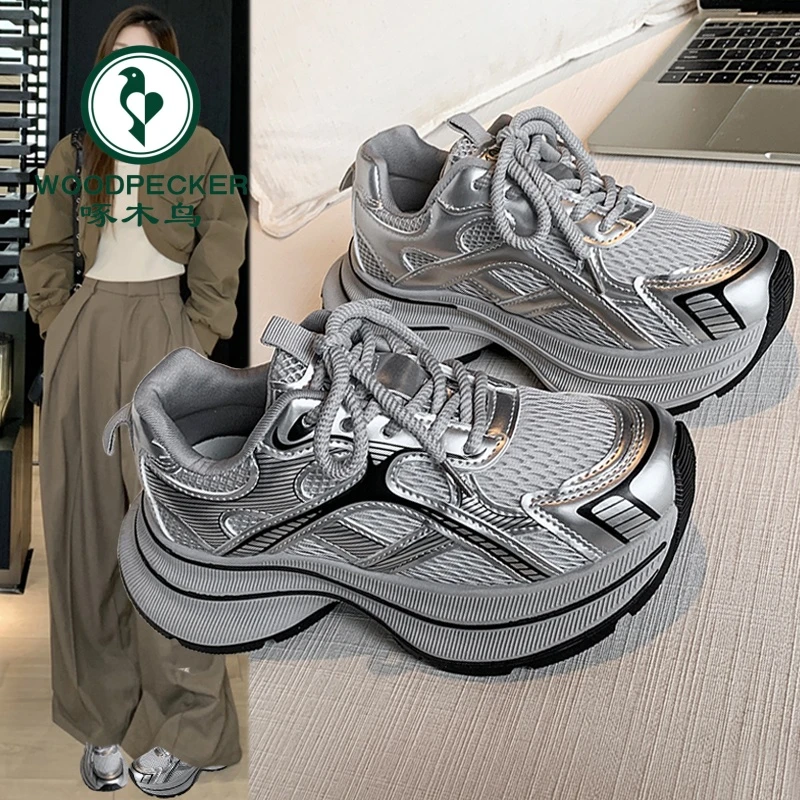 啄木鸟银色老爹鞋女2025春夏季新款厚底百搭网面透气超火运动休闲