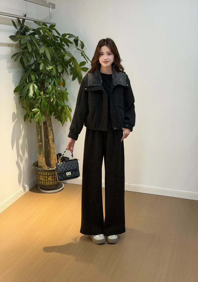 蔡小姐【外套+裤子】2025秋冬季新款女翻领厚款时尚毛呢夹棉外套