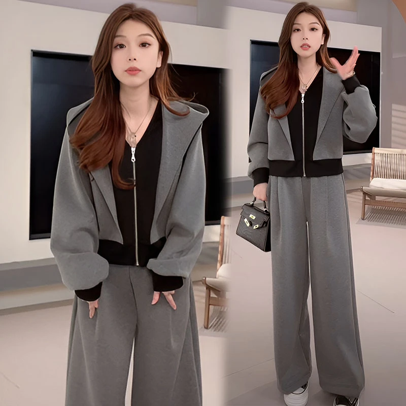 时尚休闲运动套装女士春秋新款假两件连帽卫衣阔腿裤洋气两件套潮