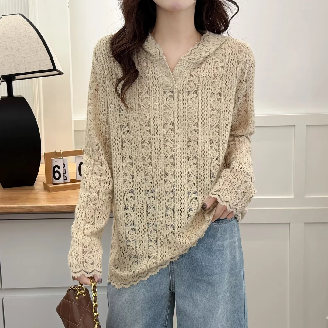 莘莘大码 气质时尚百搭宽松显瘦钩花镂空蕾丝连帽衫女士打底衫