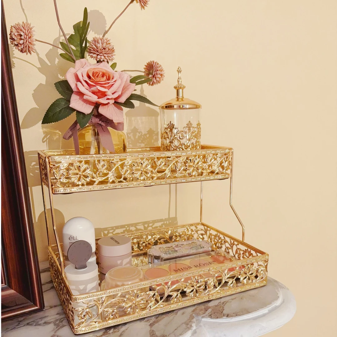 欧式轻奢桌面双层化妆品收纳架家居装饰摆件