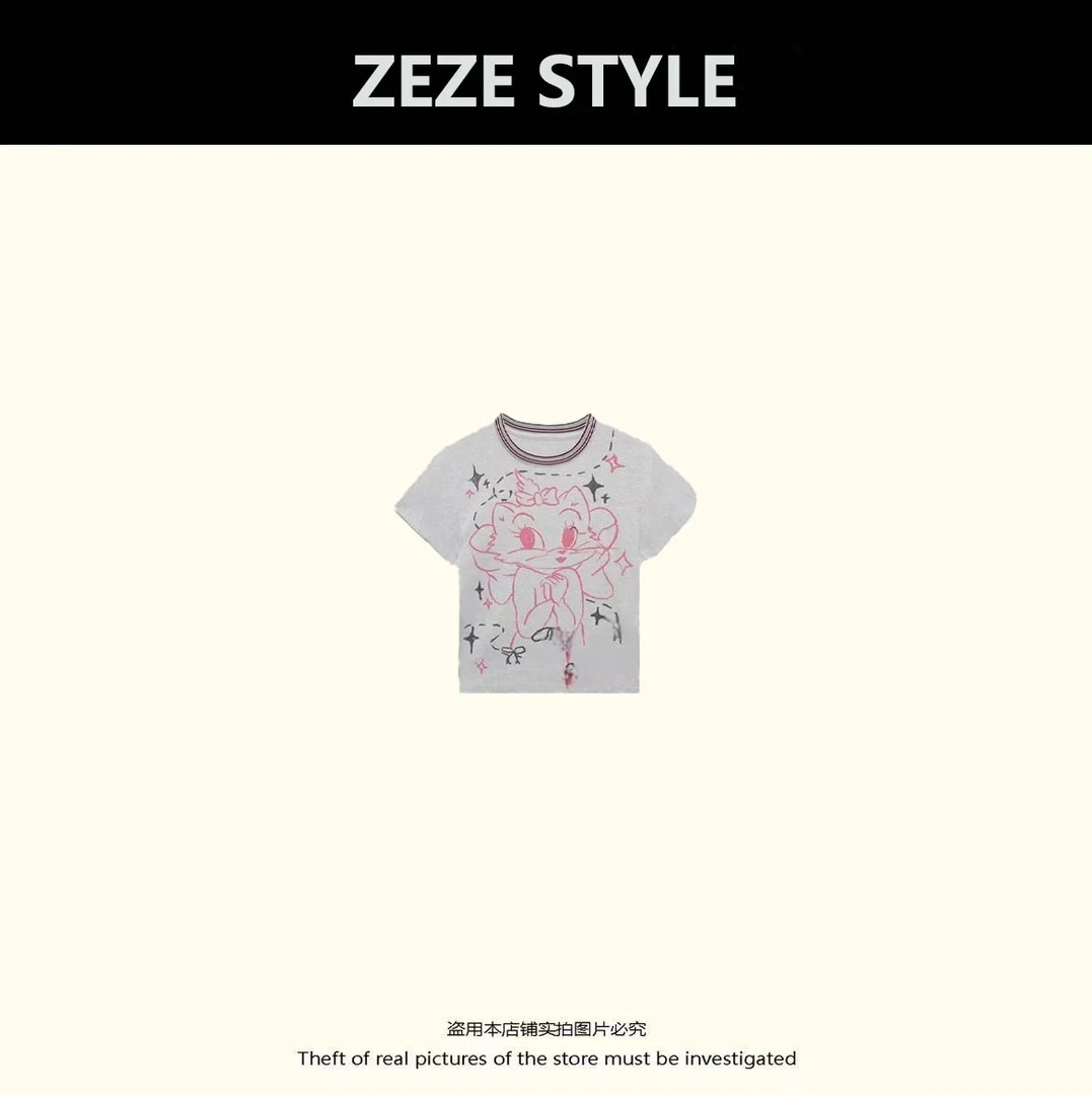 【多多专属】小众设计猫咪印花休闲修身条纹领短袖T恤女夏2025新款