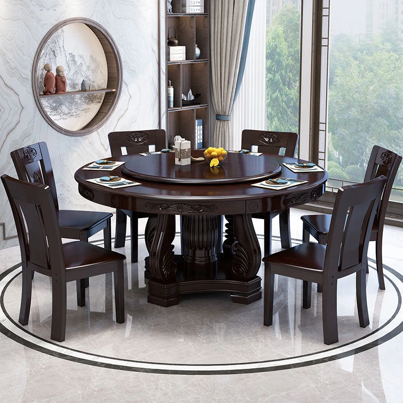 中式实木餐桌椅组合圆形吃饭桌子家用10人带转盘雕花电磁炉大圆桌