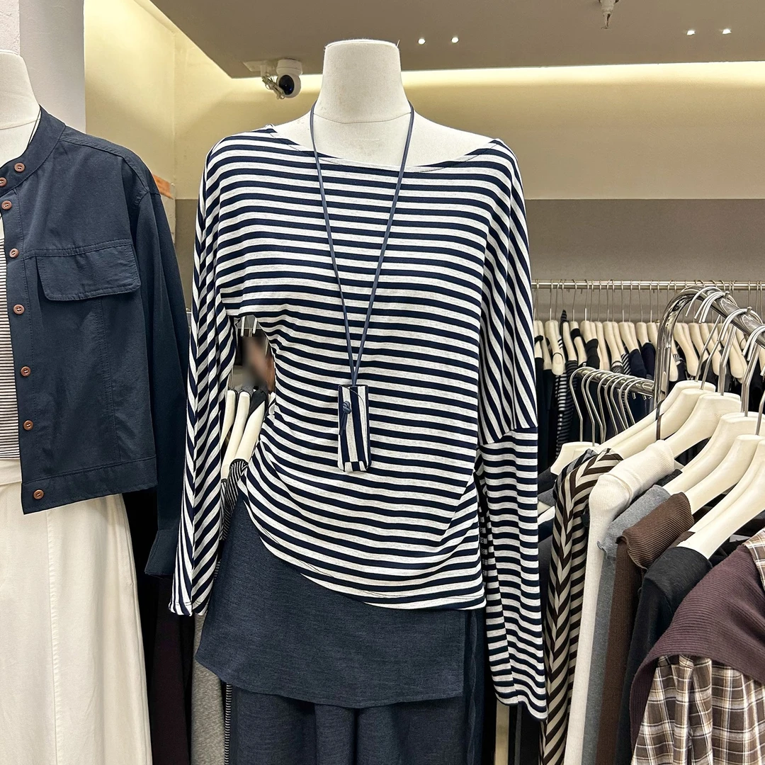 F清仓-冬新款通勤风斜肩套头条纹打底衫T恤修身不规则小衫上衣