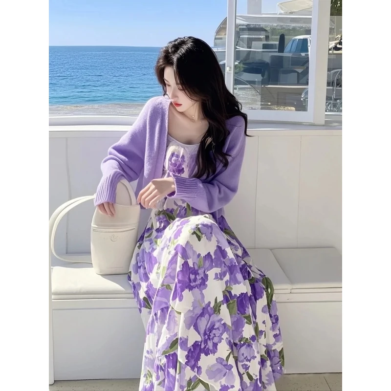 2025早秋新款韩系穿搭高级感紫色针织开衫碎花连衣裙显瘦两件套女