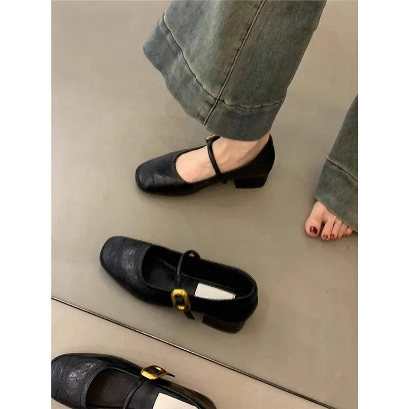 小香风高级感一字带通勤单鞋女春秋奶奶鞋豆豆鞋瓢鞋粗跟