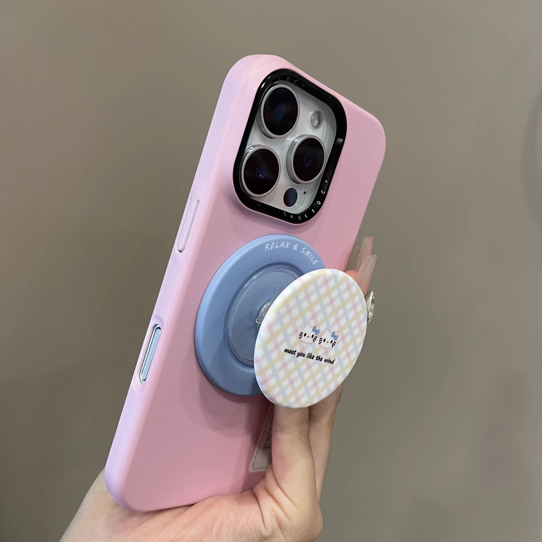 日韩风卡通菱格KT猫磁吸支架适用16promax手机壳15pro新款14女13