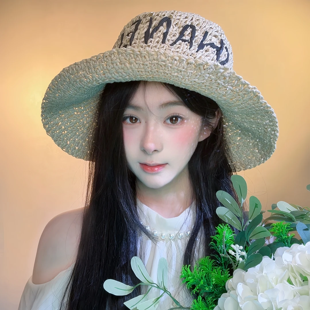 新款夏季草帽字母编织女手工百搭网红渔夫帽钩针草编盆帽帽子