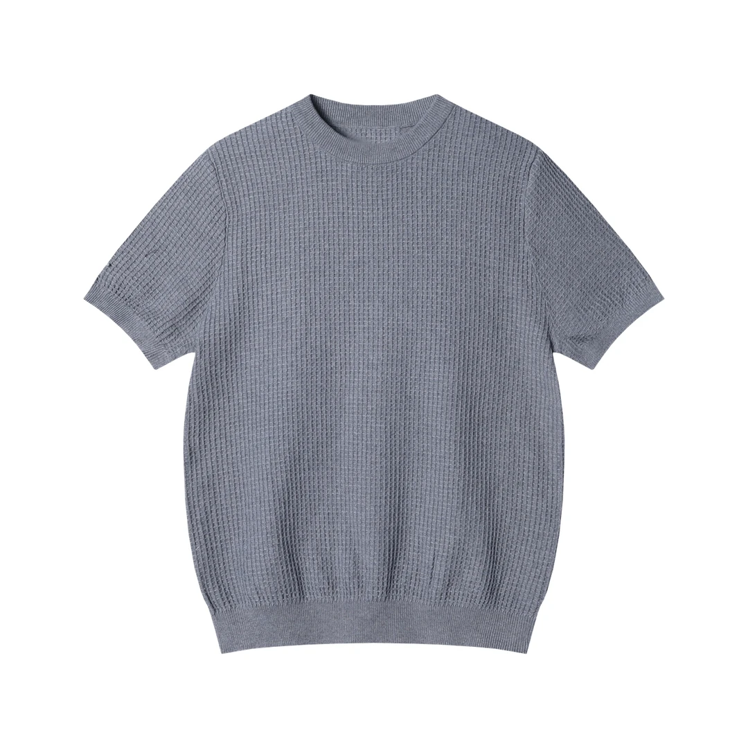 夏季高级感新款美式复古华夫格短袖T恤休闲百搭圆领简约针织衫男