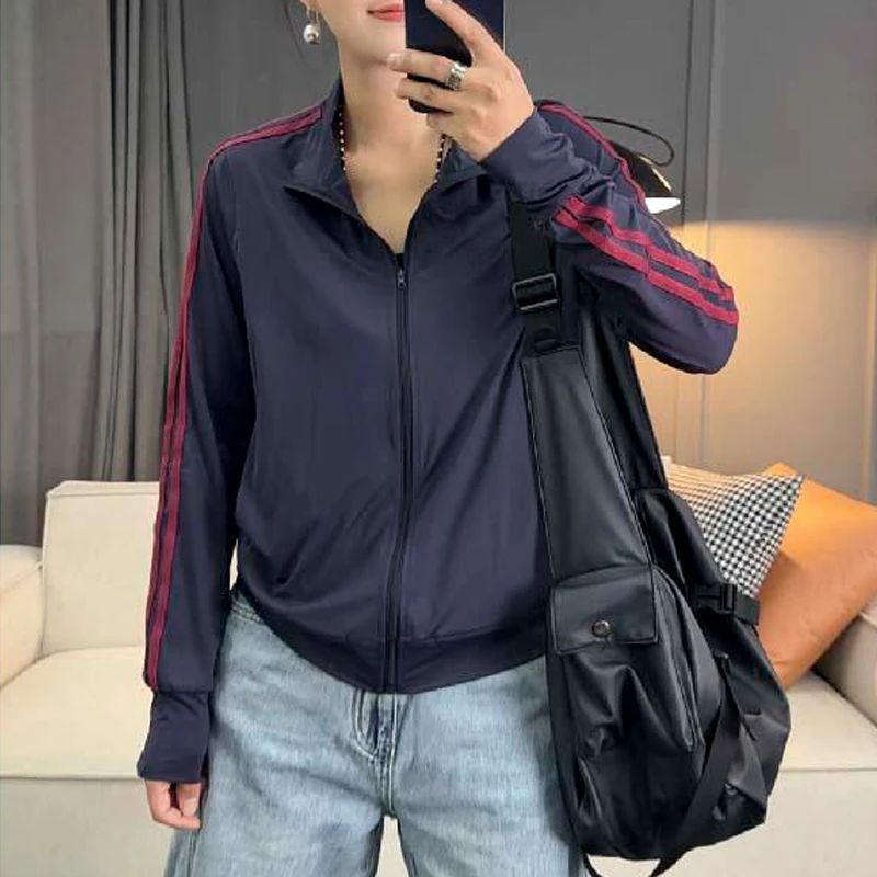 2025年夏季新款休闲透气长袖时尚简约薄款百搭防晒拼接条立领开衫