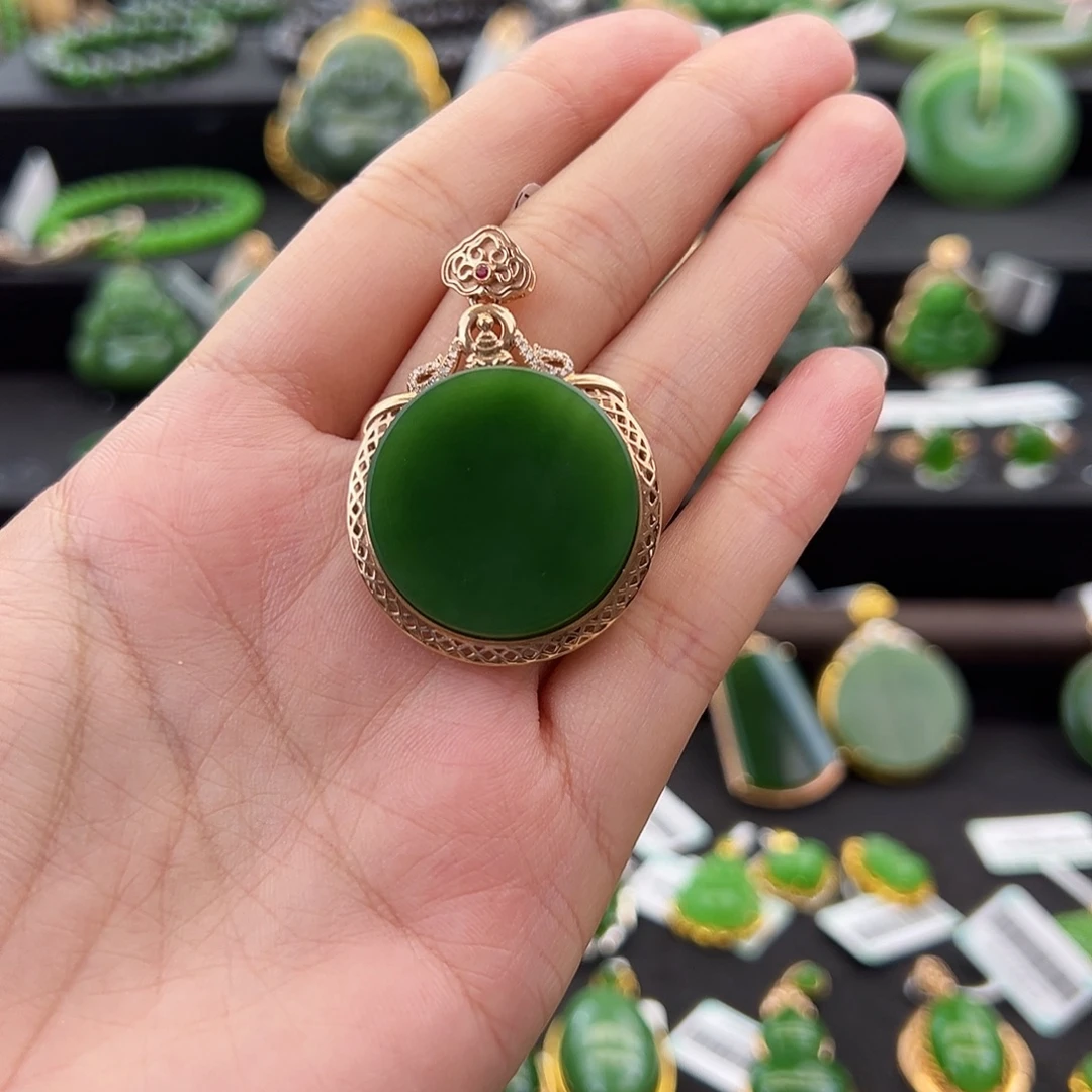 和田玉（碧玉）18K金镶嵌吊坠(不含链)阳绿圆牌25mm