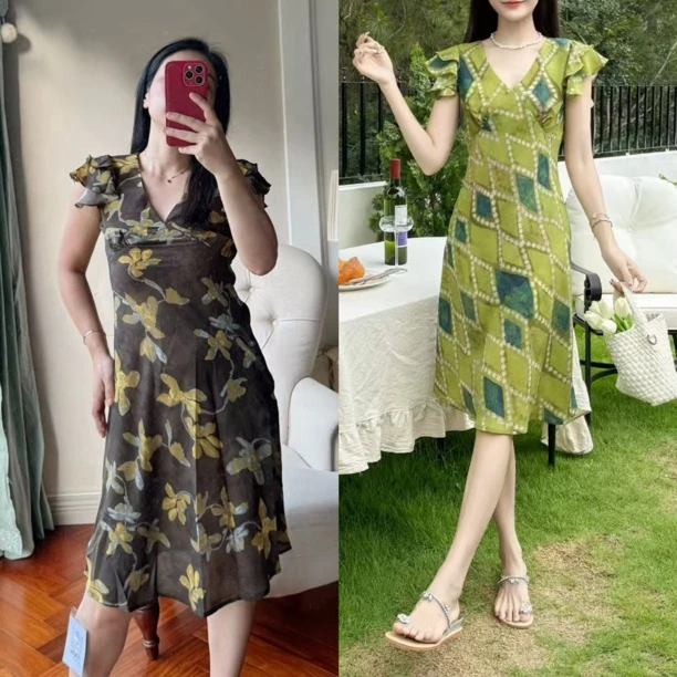 【若衣】搬家浮力·复古碎花V领荷叶边袖收腰A摆连衣裙250403