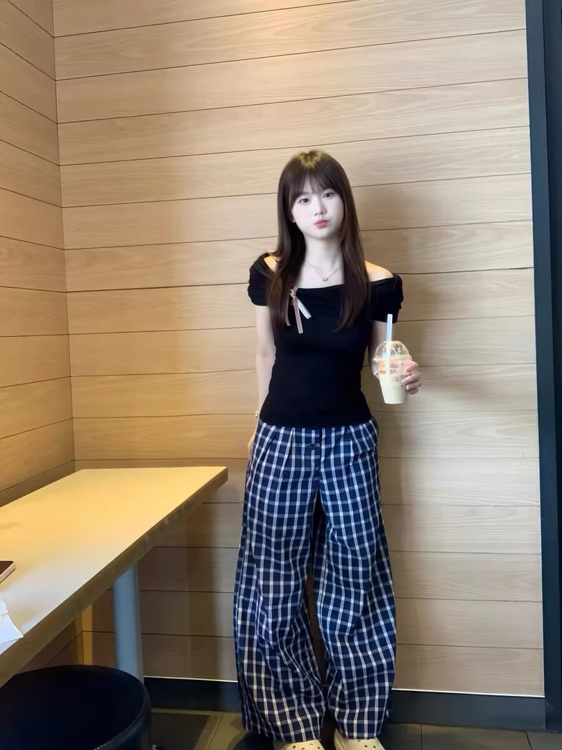 2025韩系蝴蝶结一字短袖夏新款修身独特设计上衣甜辣+格子阔腿裤