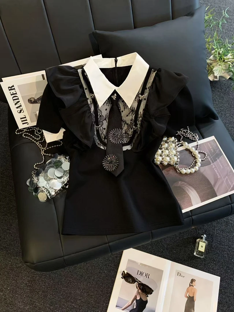 ZHOUYI/周一 2025夏季百搭蝴蝶结上衣时尚感亮钻花卉T恤修身短袖