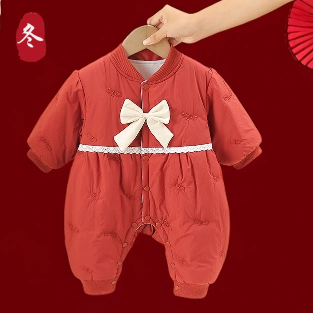 新款加厚夹棉加绒冬款哈衣连体衣宝宝婴儿满月红色喜庆百天周岁服
