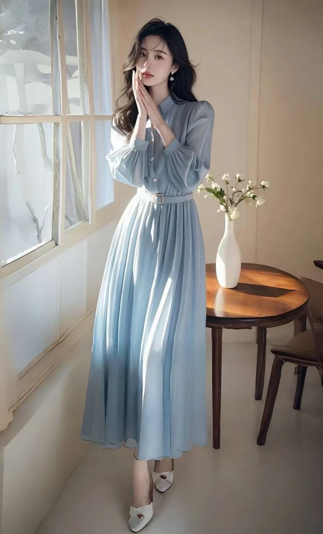 SS744蓝色衬衫连衣裙子2025今年流行爆款法式高级感气质掐腰长裙