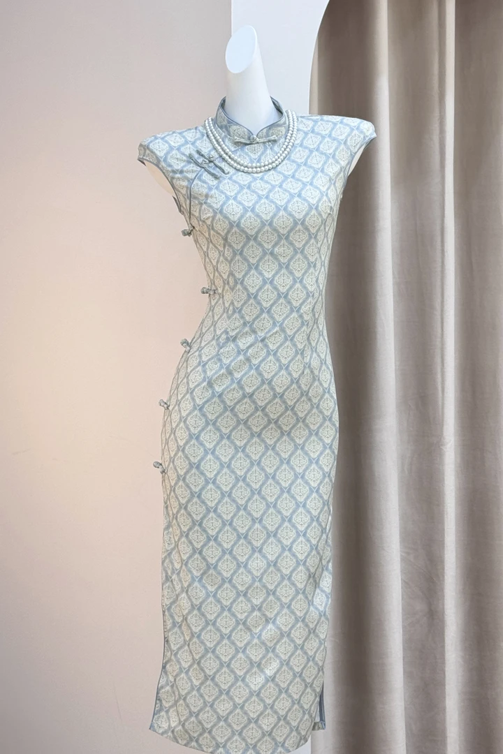 古法旗袍新中式连衣裙蓝色文艺江南气质少女夏季短袖日常连衣裙女