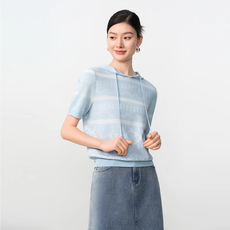 敦奴dunnu上衣休闲女士夏季连帽FU270931薄款短款百搭条纹针织