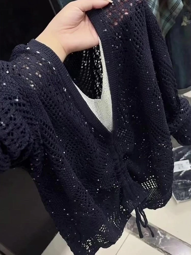 欧货时尚高级感洋气V领假两件镂空藏蓝色针织衫秋季百搭休闲长