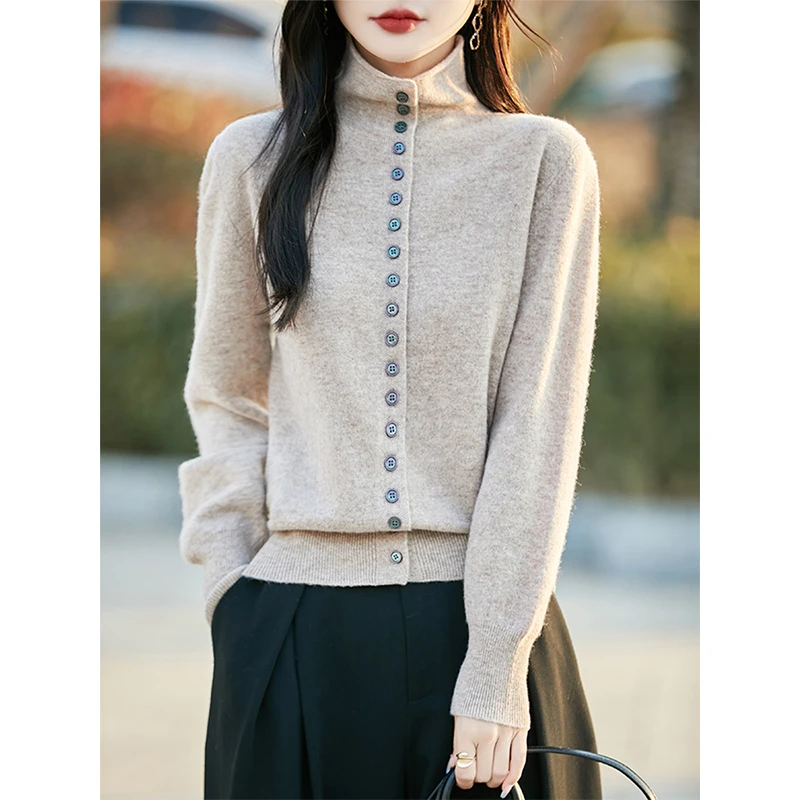 高档气质100%纯羊毛开衫外套秋冬百搭多扣毛衣宽松纯色长袖针织衫