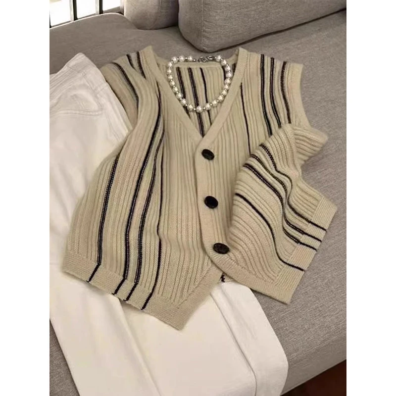 韩系复古杏色条纹无袖针织开衫马甲女背心毛衣新款秋叠穿坎肩上衣