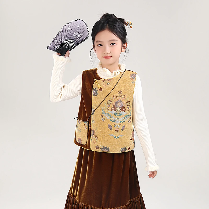 80809新中式女童汉服马甲外搭坎肩背心国风盘扣唐装女孩上衣童装