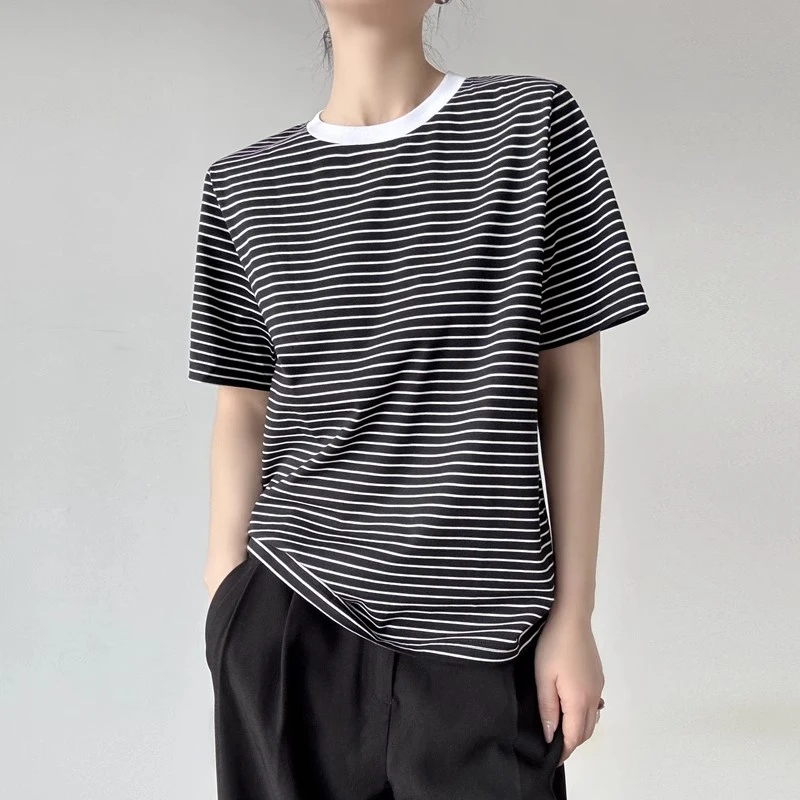 棉质减龄条纹圆领正肩t恤短袖经典宽松型显瘦极简基础体恤衫上衣