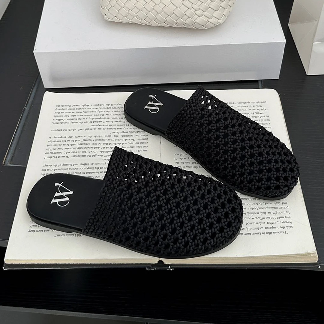 平底包头半拖鞋女2025新款夏外穿镂空编织渔网鞋一脚蹬法式穆勒鞋