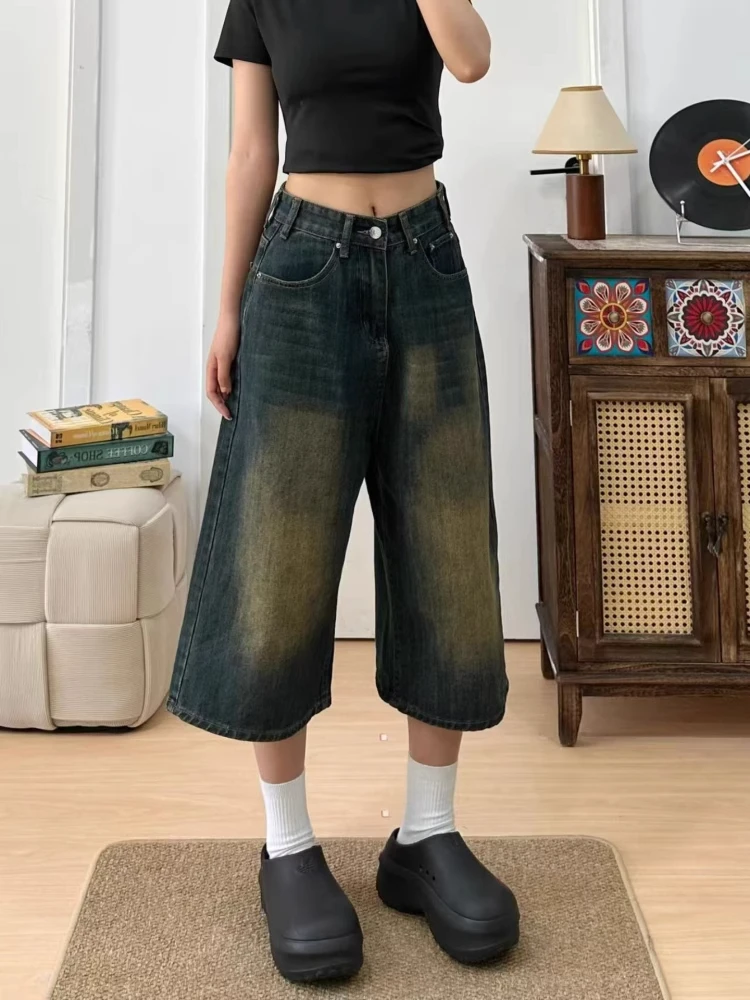 美式高街七分牛仔短裤女夏新款大码胖mm高腰宽松阔腿百搭直筒中裤