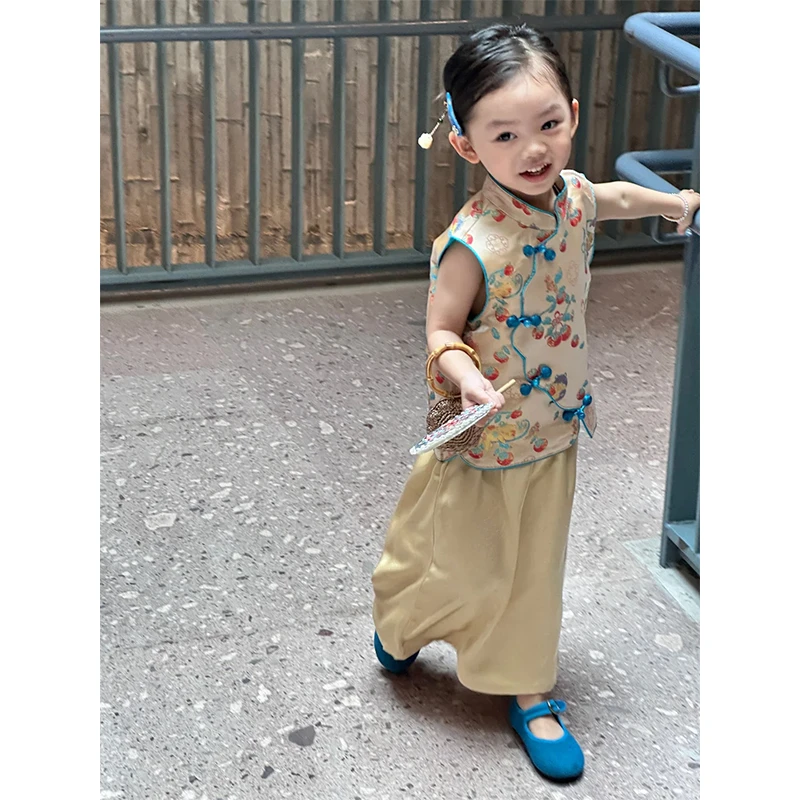 【现货】2025春夏款童装新中式女童复古猫咪马甲背心半身裙女宝套装