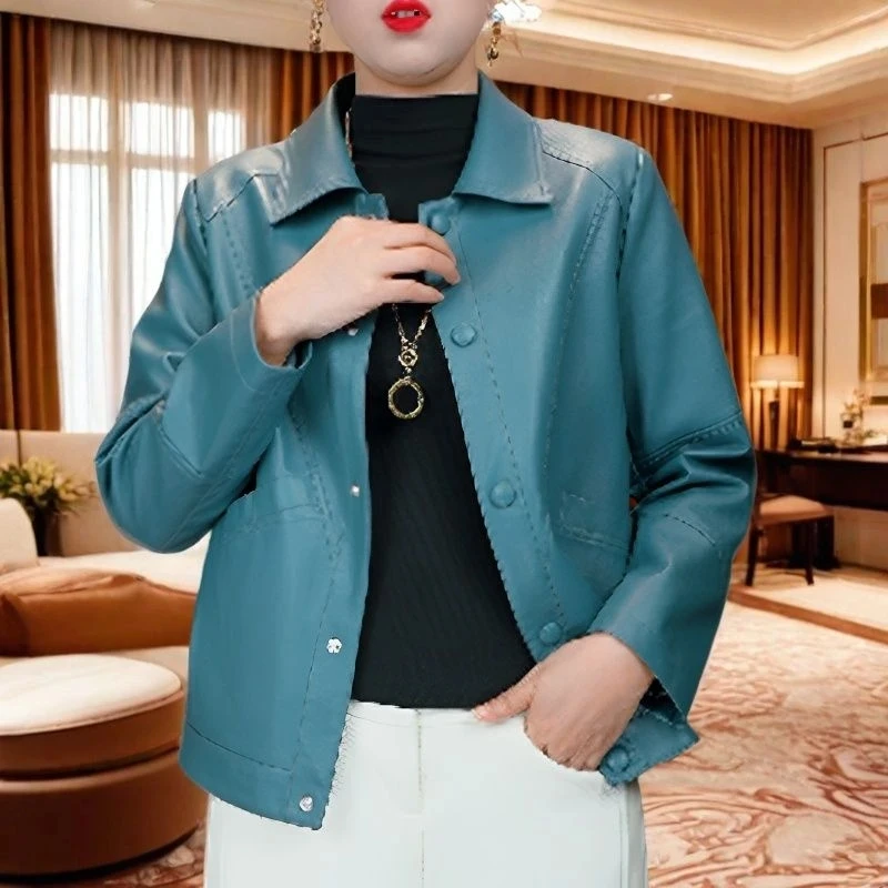 海宁秋季时尚纯色翻领pu水洗皮外套女G妈妈装洋气显瘦休闲皮衣