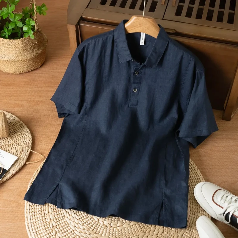 日系复古亚麻短袖男士衬衫夏季透气薄款衬衣新中式翻领纯色寸衣男