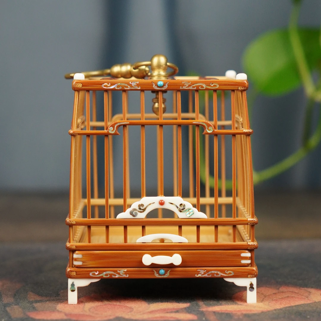 程记收藏款带大号抽屉螺钿镶嵌老竹双龙戏珠蝈蝈笼高端笼子