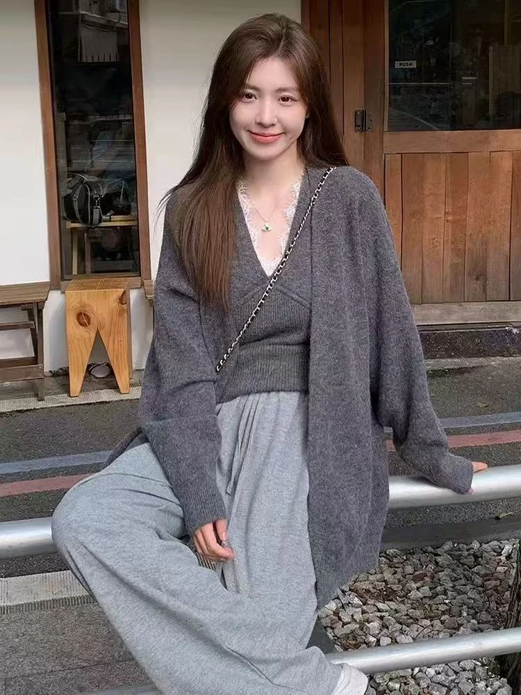 9066大码女装蕾丝针织背心女灰色毛衣开衫外套宽松慵懒风时尚套装