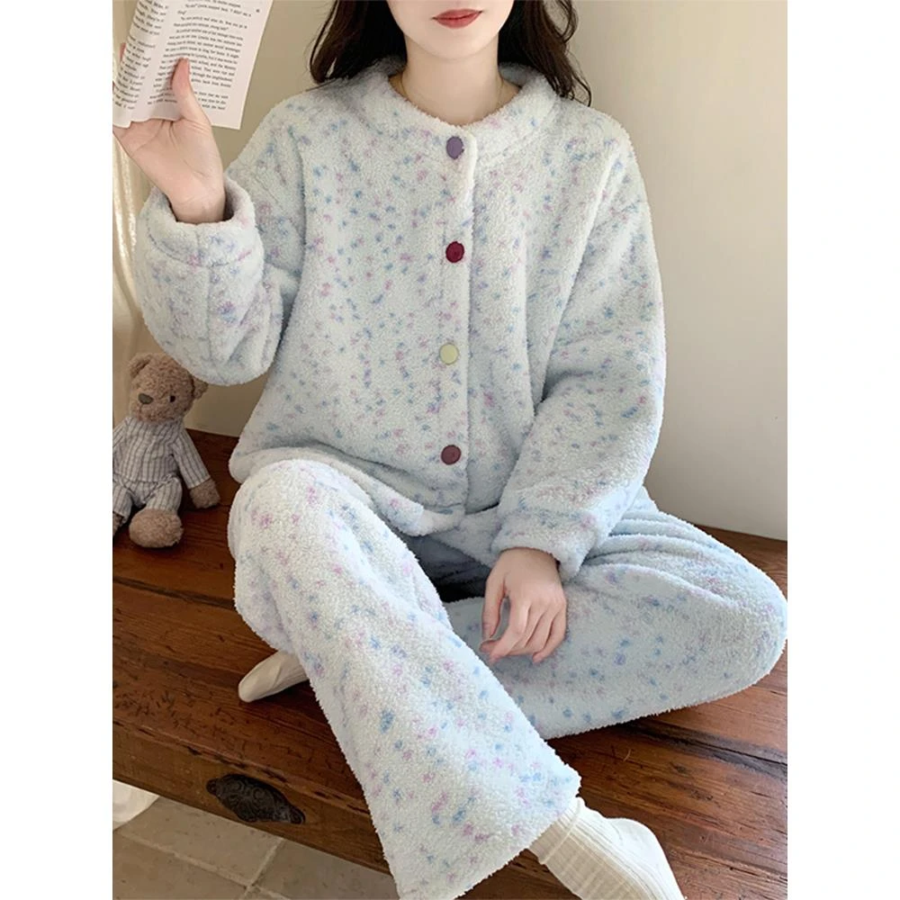 半边绒睡衣女款秋冬季加厚加绒保暖男士中老年冬款加厚家居服