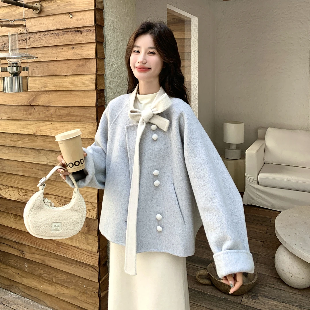 法式少女感蝴蝶结双面羊毛大衣女2025冬季新款文艺风减龄短款外套