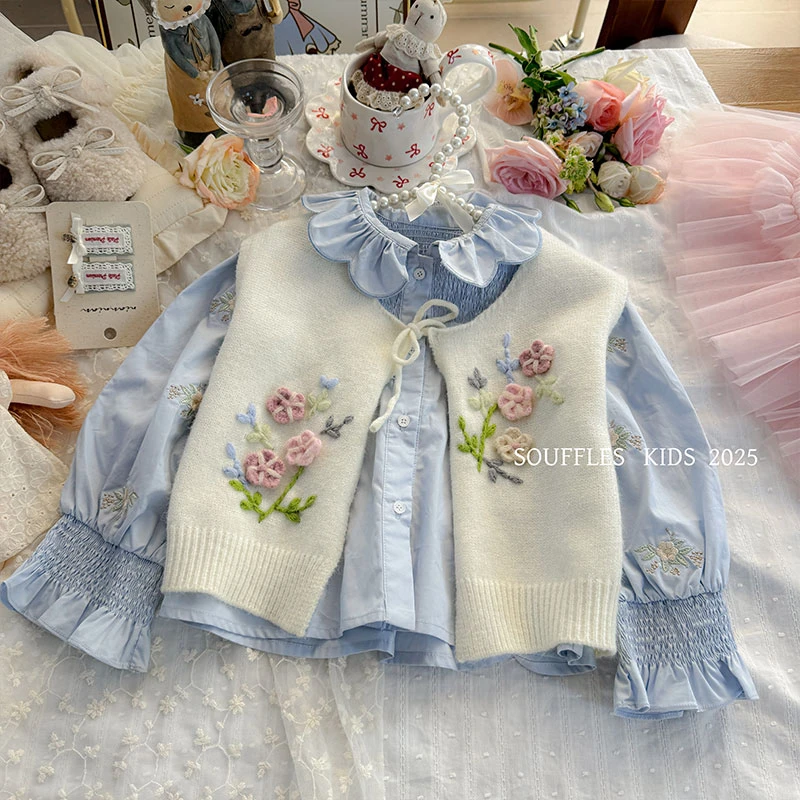 女童立体绣花马甲针织系带背心TSQ-004