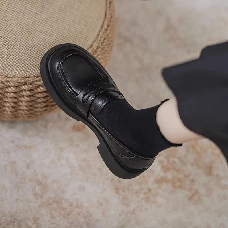 三福乐福鞋女2025新款春季一脚蹬女鞋子英伦风黑色小皮鞋女款单鞋