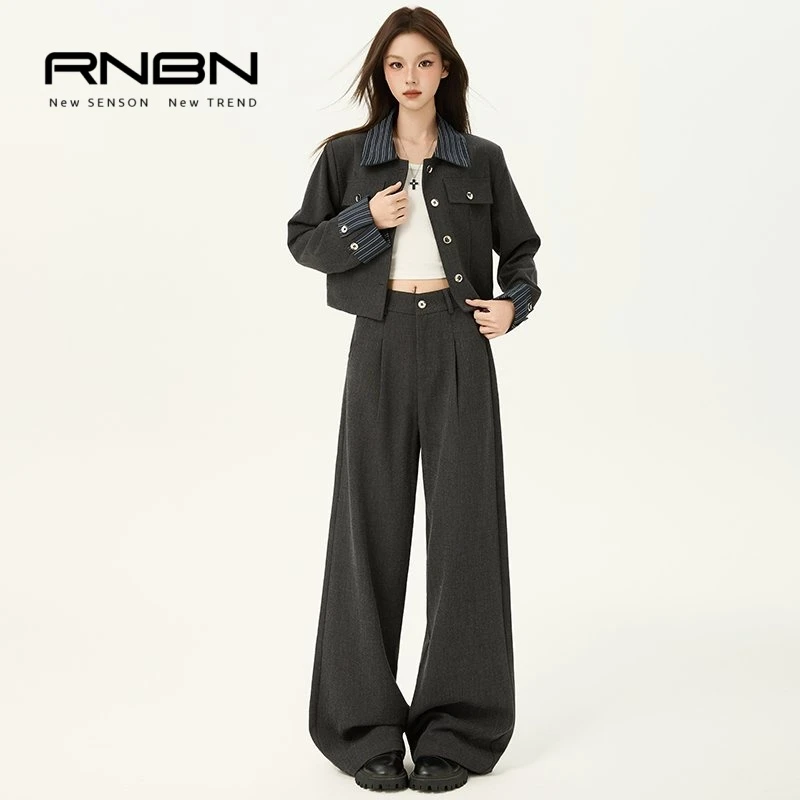 RNBN新款盐系穿搭质感灰色外套休闲宽松西裤套装