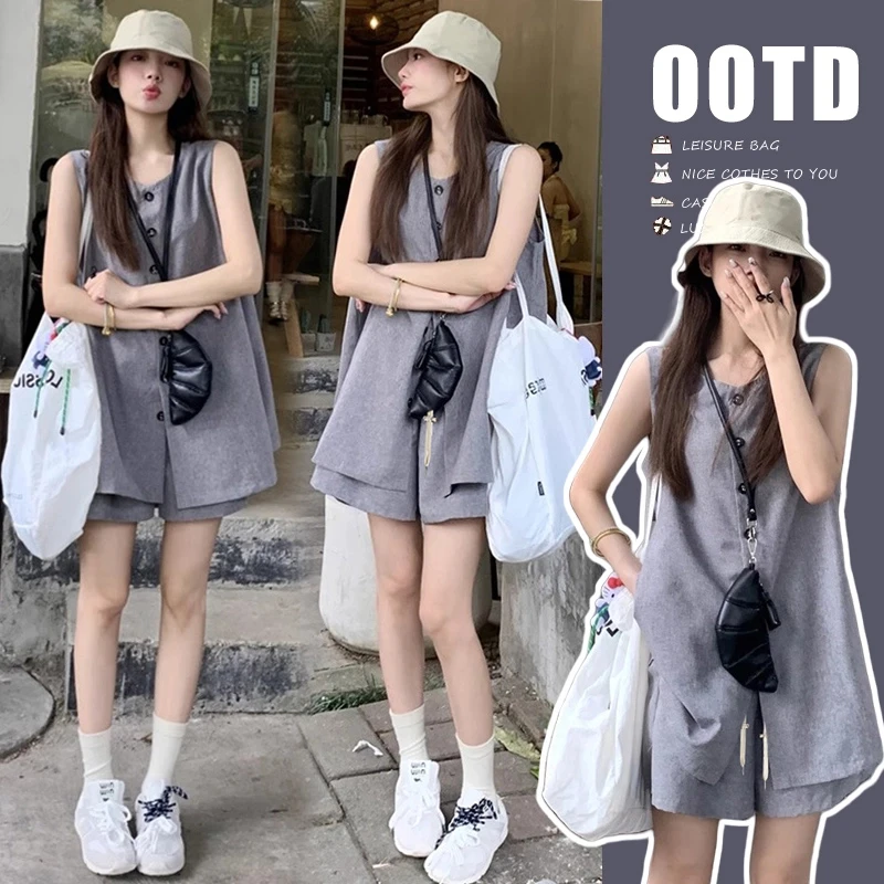 恩朵熊孕妇装夏季新款时尚气质减龄宽松马甲背心上衣孕妇短裤套装