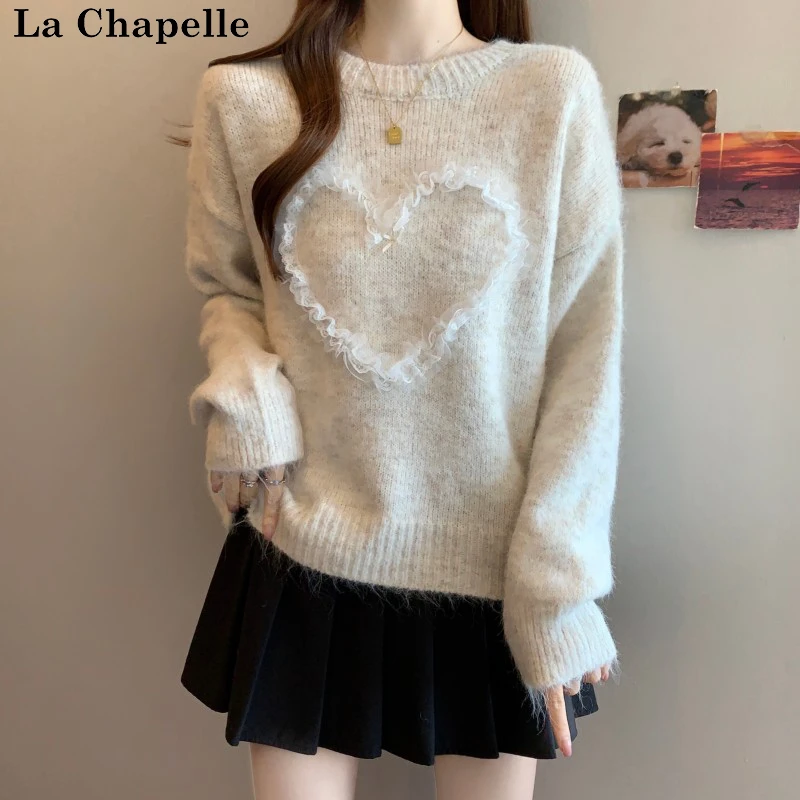 拉夏贝尔蕾丝拼接爱心毛衣女秋冬2025大码胖mm显瘦针织打底衫上衣